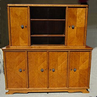 Mid 1960s French Two Piece China Cabinet Tiger Oak Glass