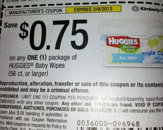 HUGGIES BABY WIPES COUPON (20) .75/1 EXP. 2/9/13 