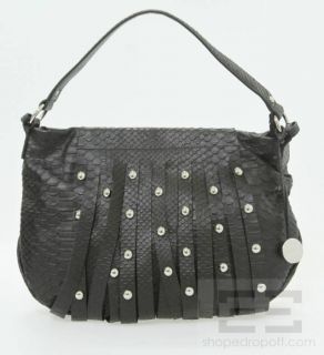 furla embossed black leather studded handbag