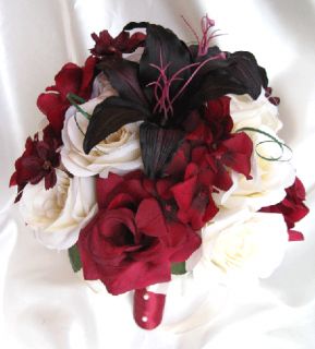 Wedding Bouquet Bridal Silk Flowers Burgandy Cream Plum Lily 17pc