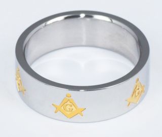  Shinning Chrome Engraved Gold Freemason Masonic Ring USA Sale
