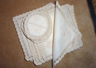 ANTIQUE LOT (10) FRENCH LINEN TEA NAPKINS AND COASTERS WITH