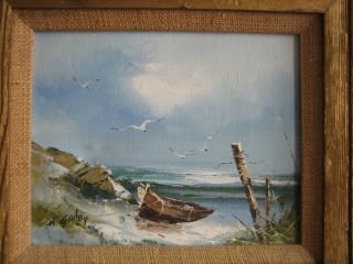 Gailey Oil on Canvas Painting Beached Boat on Shore