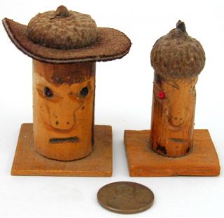  Art Carved Wood Heads with Acorn Cap Hats Ray Fisher Washington Co. VA