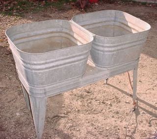 Vtg Double Galvanized Metal Wash Tub and Stand Primitive Rustic Decor