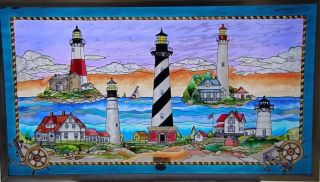 Lighthouse Sail Boat Nautical 14x19 Stained Glass Panel