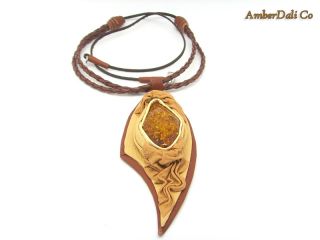 Natural Baltic Amber Necklace Pendant Honey Leather 20 Inches