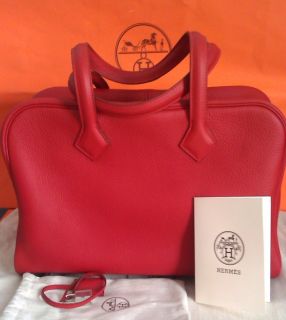 Authentic Hermes Rouge Garance Clemence Leather Victoria Handbag