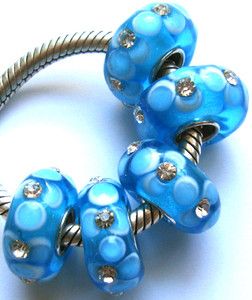 5pcs Blue Flowers Crystal Glass Beads With CZ Fit European Charm