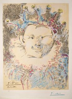 Pablo Picasso After Clown 1964 Lithograph Signed in Blue Pencil