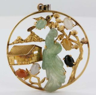 Vintage 14k Yellow Gold Jade Figurine Pendant Estate Fine Jewelry