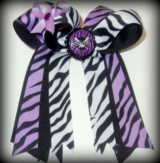 Girls Purple Zebra Softball Stacked Ponytail Boutique Hair Bow