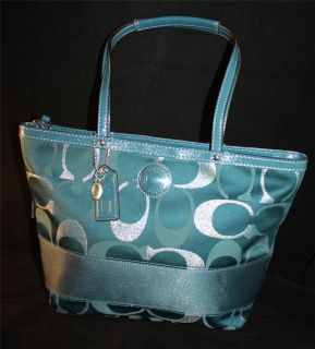 New Coach 20429 Teal Blue 3 Color Signature Metallic Lunch Tote Purse