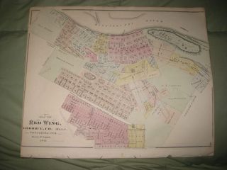 Antique 1874 Red Wing Goodhue County Minnesota Handcolored Map Superb
