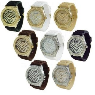 New Geneva Zebra Silicone Rhinestone Watch with Gold or Silver Plated
