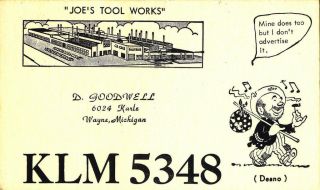  QSL Postcard Factory Hobo Comic Goodwell 1960s Wayne Michigan