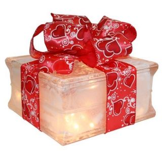  Holiday Decoration Lighted Glass Block with Red Heart Ribbon