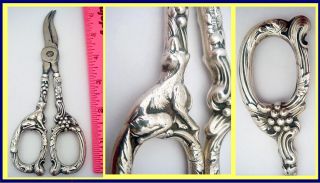 Antique Art Nouveau Grape Shears Scissors Silver w Figural Foxes Dogs