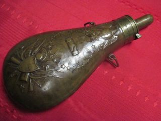 1838 AMES US ARMY PEACE POWDER FLASK WITH FLAGS STARS CANNON EAGLE