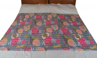 Gray Riversible Kantha Pure Cotton Floral Throw Queen Size Bedspread