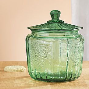 Green Glass Storage Cookie Biscuit Jar Floral Retro Depression Style