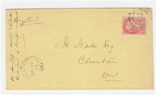 Canada 1877 Cover 3c CANC 2 Ring 21 Goderich CDs to Clinton Ont