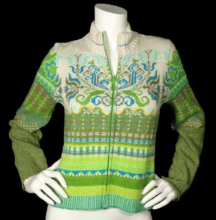 OILILY Womens Green Blue Fair Isle Zip Front Cardigan Sweater Top Sz
