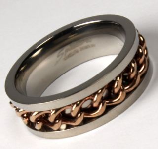 8mm Solid Titanium Gold IP Spinning Chain Inlay Ring Band Size 11