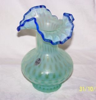 Fenton Aqua Dot Optic Opalescent Cobalt Crested Vase