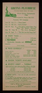1971 Schedule Gretna Playhouse Timbers Mount Gretna PA