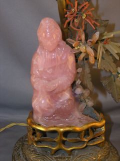 Chinese Rose Quartz Quan Yin Figure Jade Coral Lamp