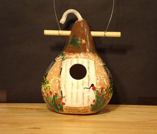 Pink Stucco Cottage Birdhouse Gourd Handpainted