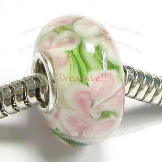 Sterling Silver Murano Lampwork Glass Rose Pink Flower European Bead