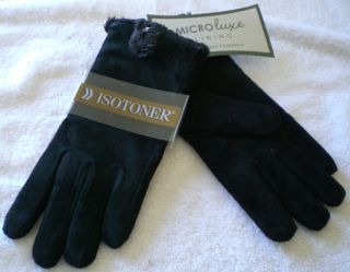 NWT Isotoner Black Suede Leather Womens Microluxe Lined Gloves Sz