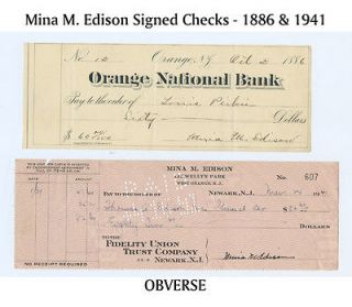 THOMAS A EDISON Wife MINA M EDISON Signed Check PAIR DATED 1886 & 1941