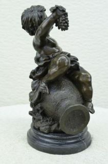 Real Bronze Metal Statue Marble Wine Lover Cherub Child Baby Jug Grape