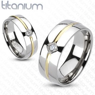 Solid Titanium Mens Ring Gold IP CZ Round Stripe Wedding Band