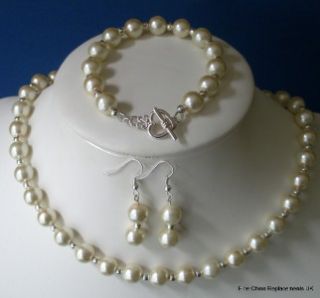 Glass Faux Pearl Necklace Earrings and Bracelet Handmade SP