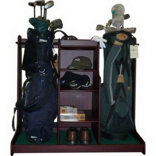 New Wood Double Golf Bag Storage Rack with Equipment Accessory Shelves