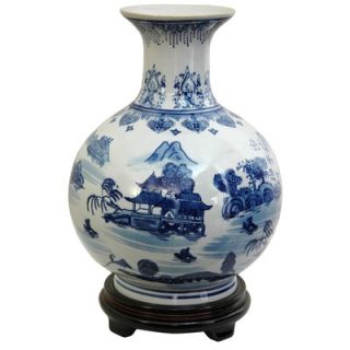 Oriental Furniture 14 Vase in Blue Landscape Design in White   BW
