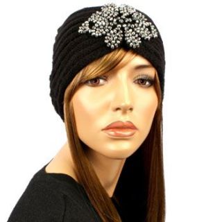 Beads Floral Ribbed Hand Knit Handmade Headwrap Headband Ski Black S/M