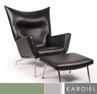Hans J Wegner Style Wing Chair Ottoman Black Premium Leather Modern