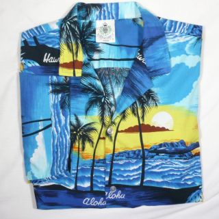 Royal Creations Aloha Hawaiian Camp Shirt Size XL Blue Yellow Hibiscus