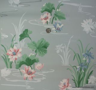 Old 1940s Vintage Wallpaper Blue with Pink Water Lilies and Silver