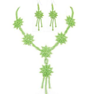 Green Beads Flower Beaded Necklace Earrings Set S37 1