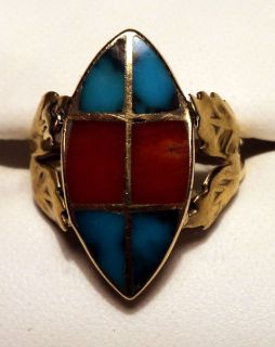 Kee Joe Benally Size 10 1 2 Gold Turquoise Coral Ring Navajo Vintage