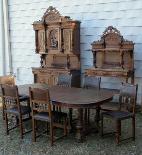 ANTIQUE FRENCH HENRI II CARVED DARK OAK DINING SET TABLE 6 CHAIRS