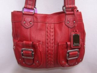 Tignanello Glam Red Pebble Leather Dbl Strap Pocket Shopper Handbag