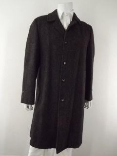 Mens Overcoat Dark Gray Harris Tweed L 100 Wool Button Up Herringbone