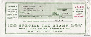  Marijuana Opium Cocaine Tax Receipt Rubin Lionel Havertown PA